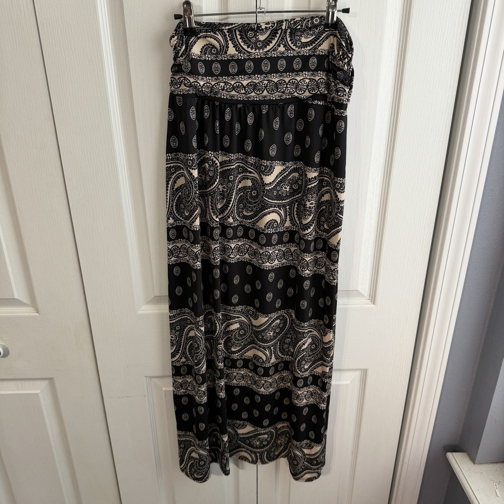 Alyx Cream Black Paisley Pull On Maxi Skirt Boho Festival Hippie Stretch Office